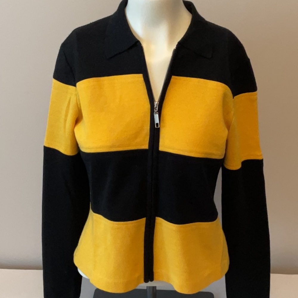Kasper Black and Yellow Zip-Front Striped Cardigan Sweater